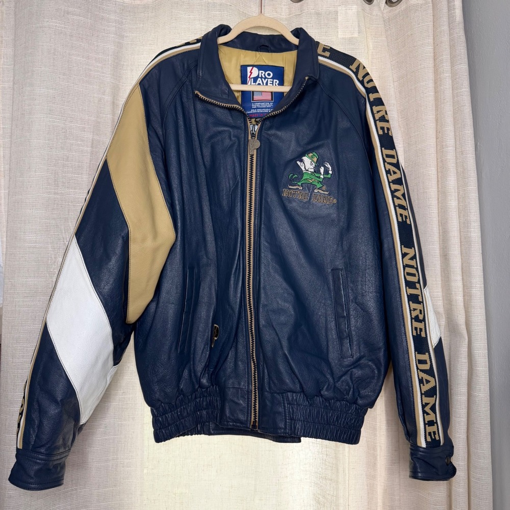 Vintage Pro Player Notre Dame Leather Bomber Jacket Varsity Embroidered Men's XL